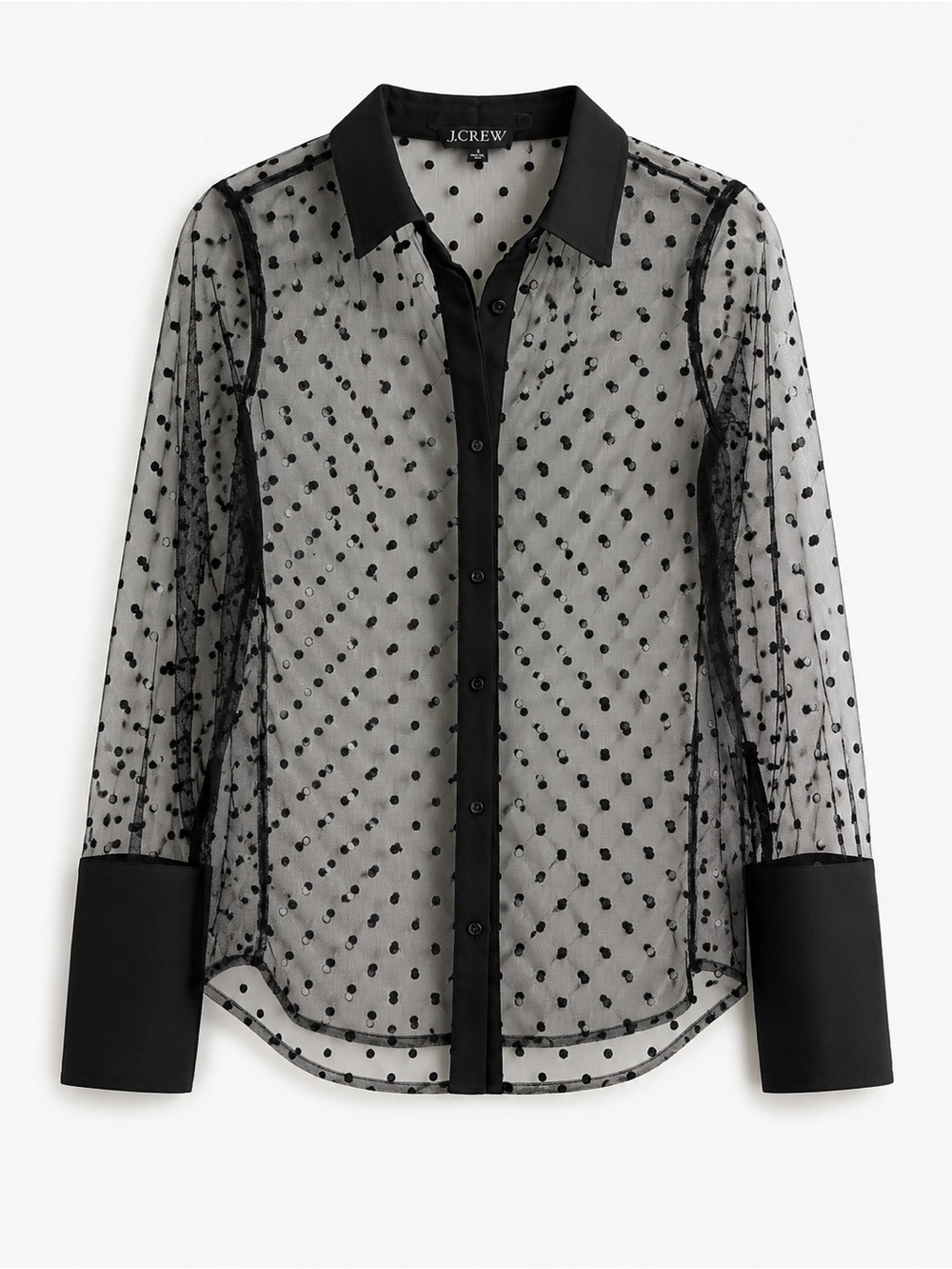J. Crew Black Sheer Swiss Dot Blouse with Contrast Collar